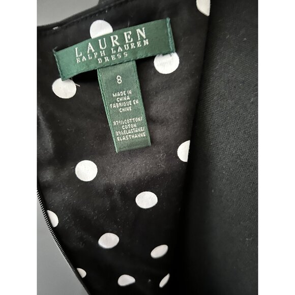 Lauren Ralph Lauren Sheath Dress Black White Polka Dot Ruched Faux Wrap Size 8 - Picture 5 of 9